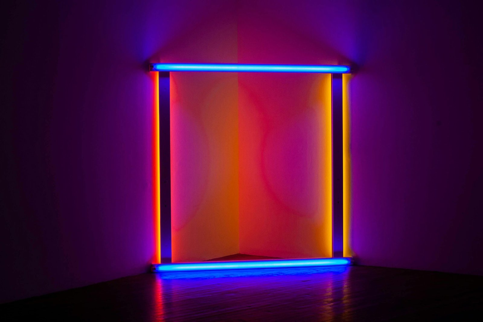 Colorful neon light installation creating a modern abstract art piece in an indoor gallery setting.